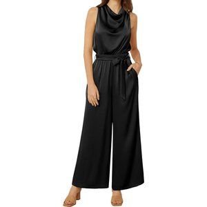 Satin Jumpuit for Women  Sleeveless Cowl Neck High Waist Belted Wide Leg Romper
